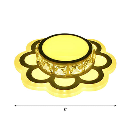 Contemporary Led Drum Ceiling Light With Beveled Crystal In Ivory & Floral Design