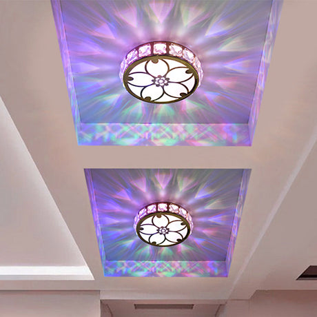 Contemporary Gold Led Flush Mount Ceiling Lamp With Clear Crystal Blocks For Corridor - Multi-Color