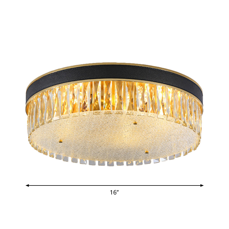 Contemporary Crystal Flush Mount Light In Gold 3/4 Heads Rectangle-Cut Drum Shape 12’/16’ Width