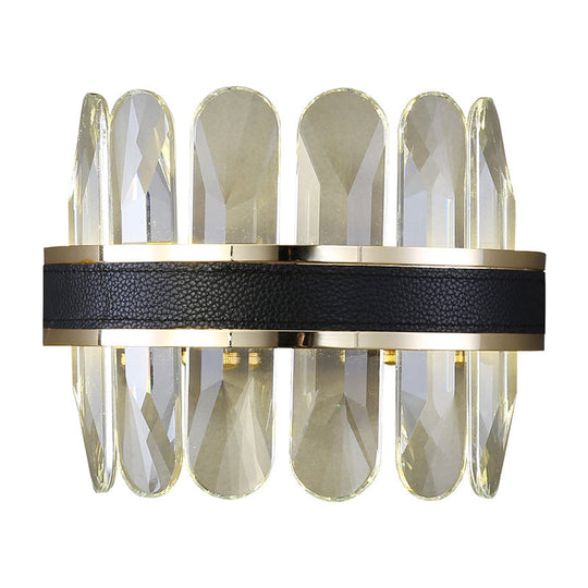 Contemporary Led Wall Sconce In Black - Clear Rectangle-Cut Crystal Half Cylinder Design For Bedside