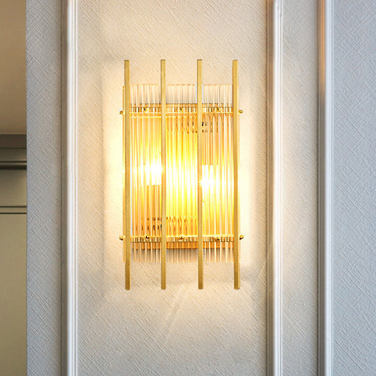 Gold Wall Mounted Light Fixture With Clear Crystal Rods - Modern Cylindrical/Rectangle Design Ideal