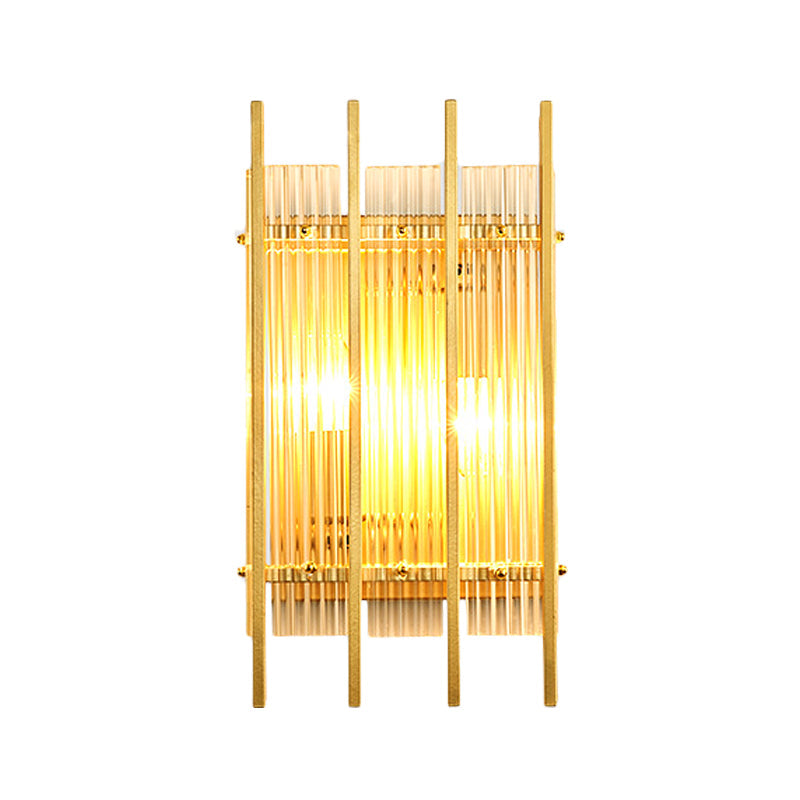 Gold Wall Mounted Light Fixture With Clear Crystal Rods - Modern Cylindrical/Rectangle Design Ideal