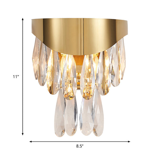 Gold Teardrop Crystal Drip Wall Sconce - Contemporary Indoor Lighting 2 Bulb Surface Mount