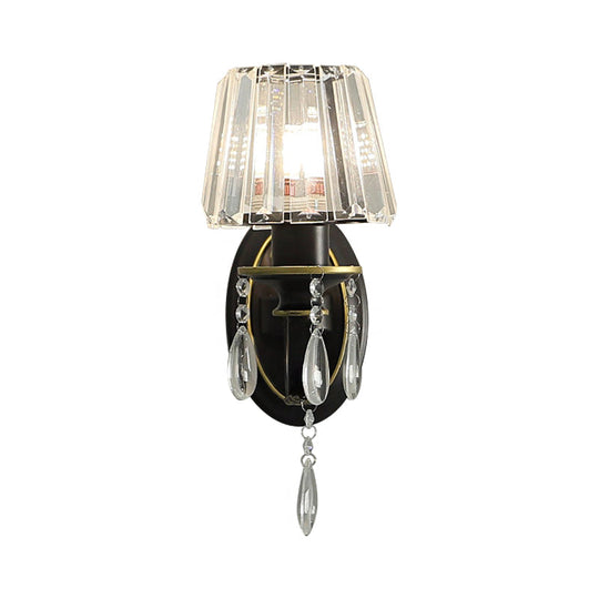 Modern Black Wall Lamp With Crystal Prisms Shade - Stylish Half-Head Light Fixture
