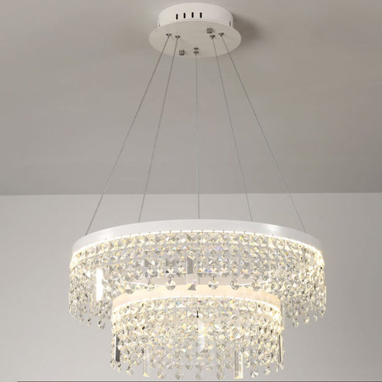 Contemporary Crystal Led Chandelier Lamp With Dual-Tiered Ring Design – Silver Suspension