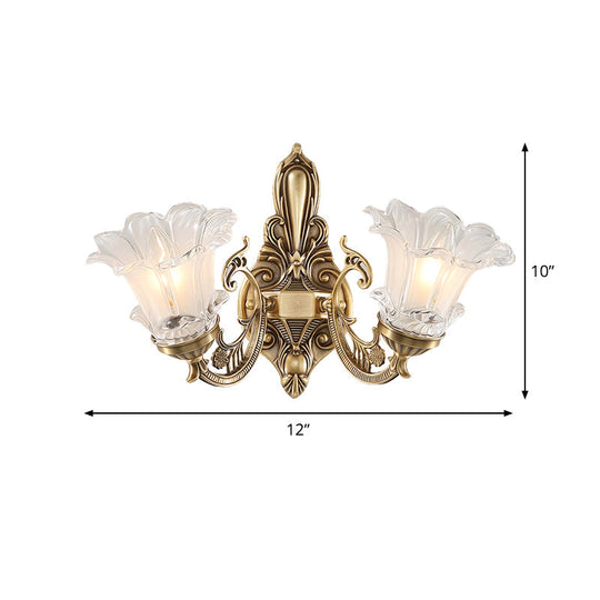 Vintage Brass Floral Wall Lamp With Fluted Glass And Curved Arm Sconce Lighting For Living Room