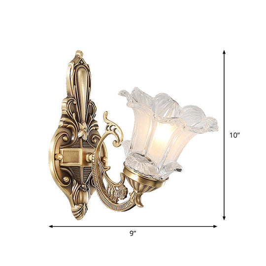 Vintage Brass Floral Wall Lamp With Fluted Glass And Curved Arm Sconce Lighting For Living Room