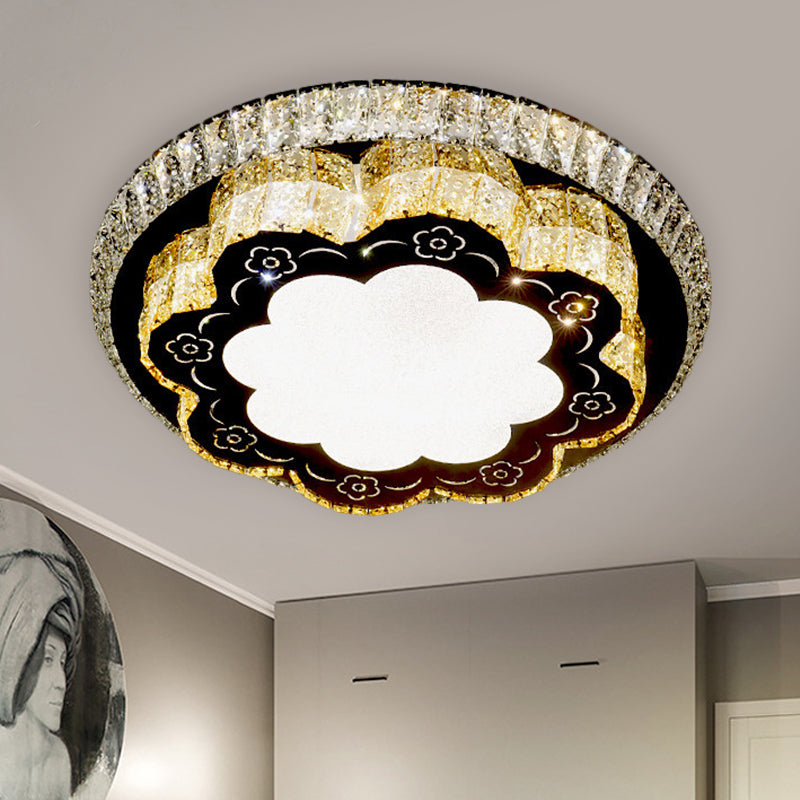 Modern Chrome Flush Mount Ceiling Light With Faceted Glass Floral Design For Bedroom