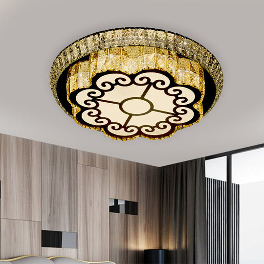 Modern Chrome Flush Mount Ceiling Light With Faceted Glass Floral Design For Bedroom / A