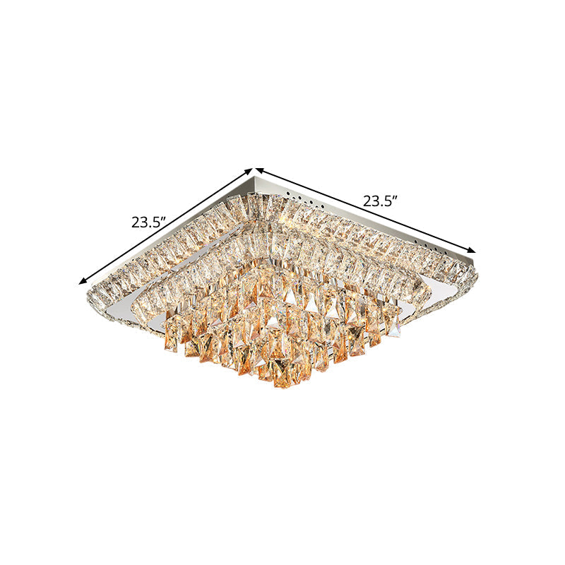 Modern Crystal Led Square Flush - Mount Light In Chrome - Close To Ceiling Lighting Fixture