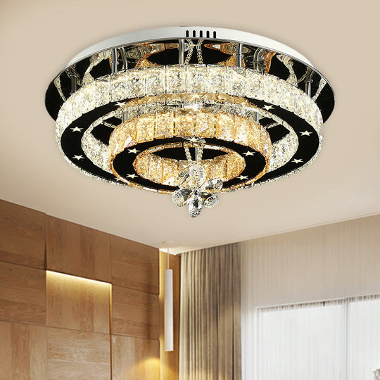 Contemporary Chrome Led Flush Mount Ceiling Light With Cut Crystal Ring And Star Design -