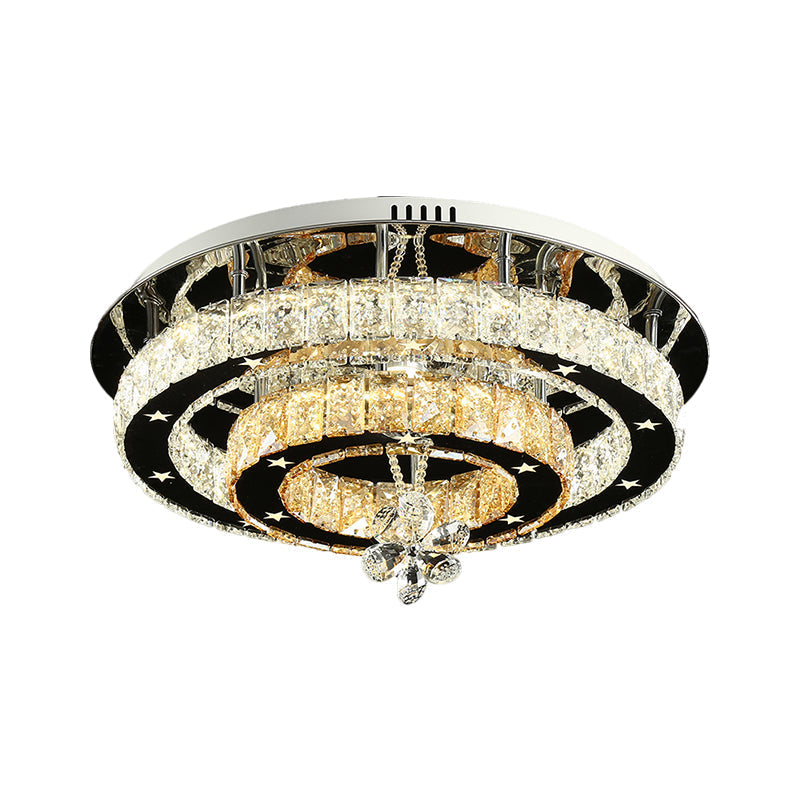 Contemporary Chrome Led Flush Mount Ceiling Light With Cut Crystal Ring And Star Design -