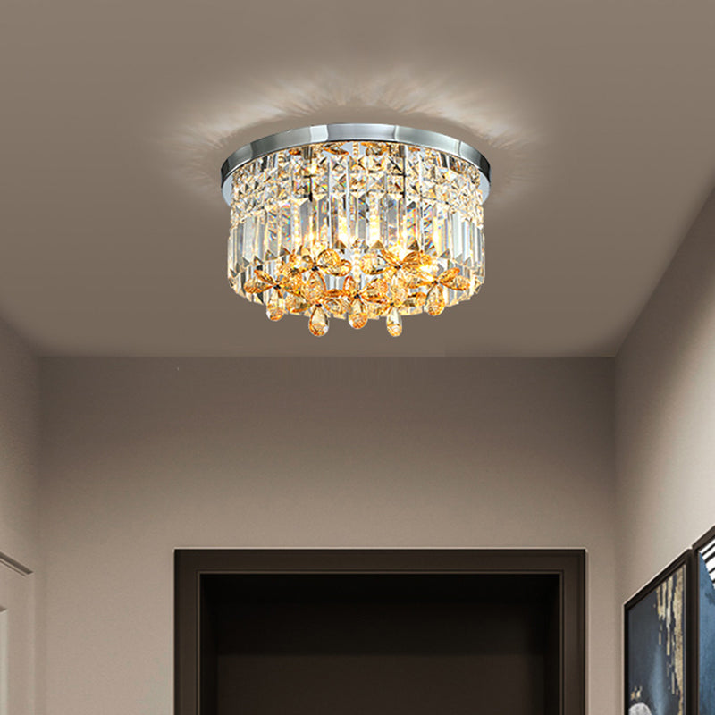 Chrome Cylinder Crystal Led Flush Light For Doorway - 10/15.5 Wide / 15.5