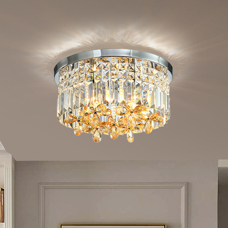 Chrome Cylinder Crystal Led Flush Light For Doorway - 10’/15.5’ Wide
