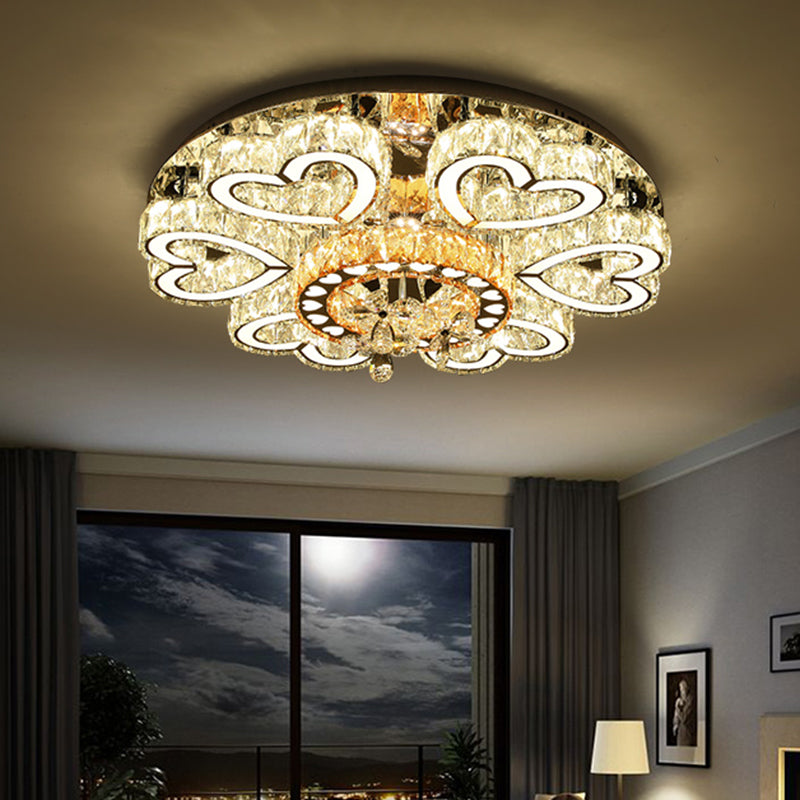 Crystal Block Flush Mount Ceiling Light With Chrome Heart - Shaped Led For Contemporary Sitting Room
