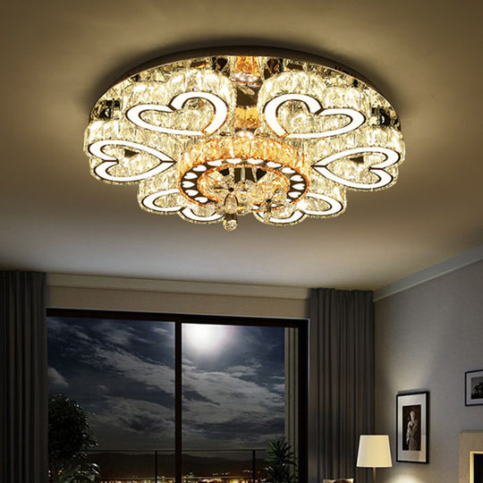 Crystal Block Flush Mount Ceiling Light With Chrome Heart - Shaped Led For Contemporary Sitting Room
