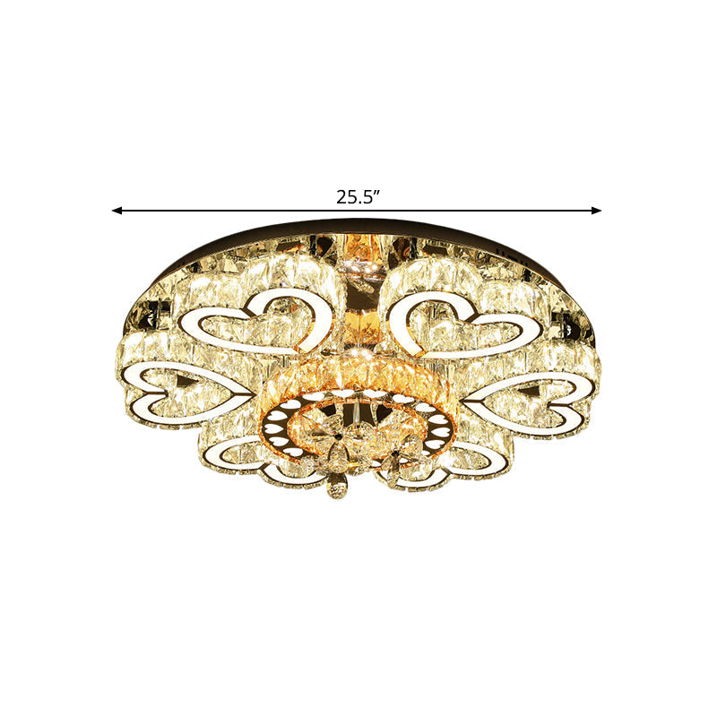 Crystal Block Flush Mount Ceiling Light With Chrome Heart - Shaped Led For Contemporary Sitting Room