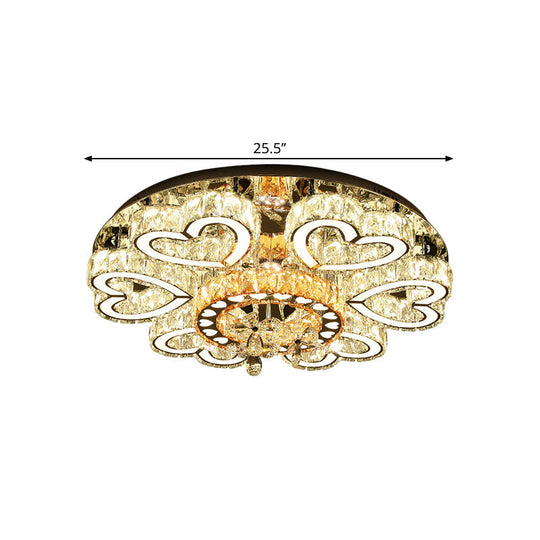 Crystal Block Flush Mount Ceiling Light With Chrome Heart - Shaped Led For Contemporary Sitting Room