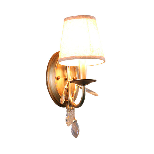 Contemporary Gold Cone Wall Sconce With Crystal Drop And Fabric Shade