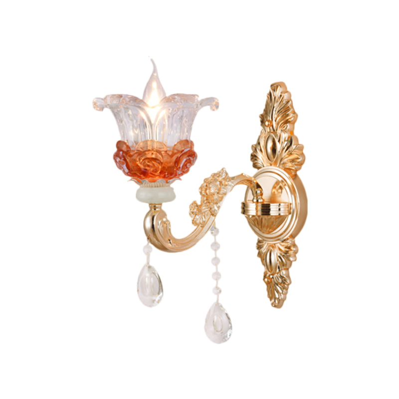 Modern Gold Wall Mount Lamp With Clear Crystal 1/2-Light Blossom Design For Staircase