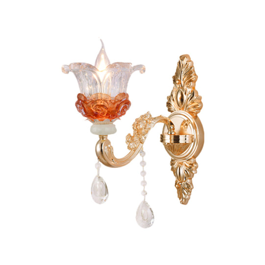 Modern Gold Wall Mount Lamp With Clear Crystal 1/2-Light Blossom Design For Staircase