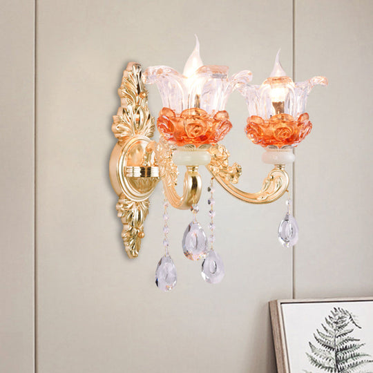 Modern Gold Wall Mount Lamp With Clear Crystal 1/2-Light Blossom Design For Staircase 2 /