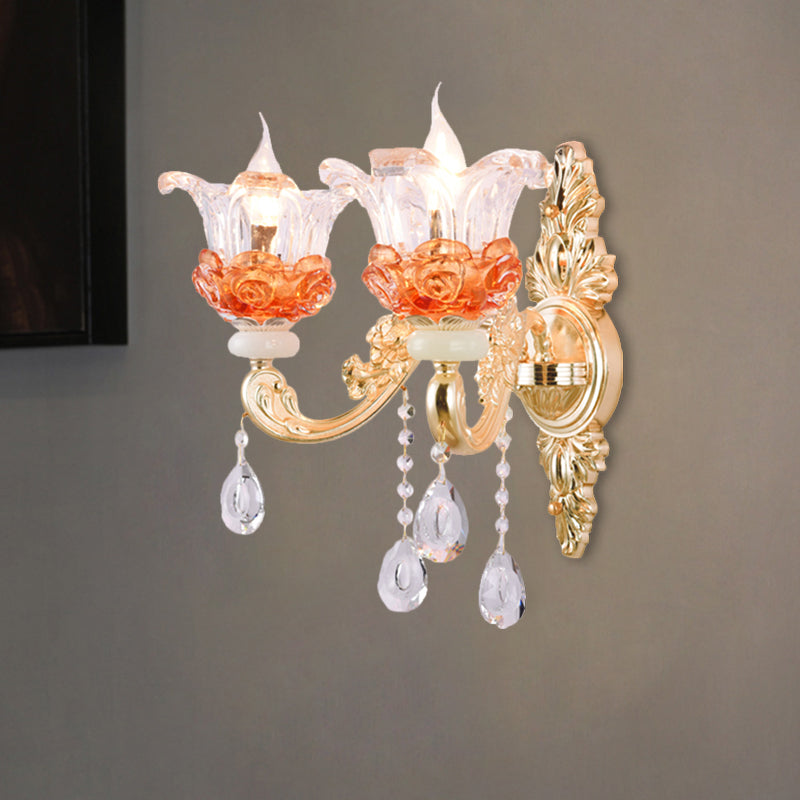 Modern Gold Wall Mount Lamp With Clear Crystal 1/2-Light Blossom Design For Staircase