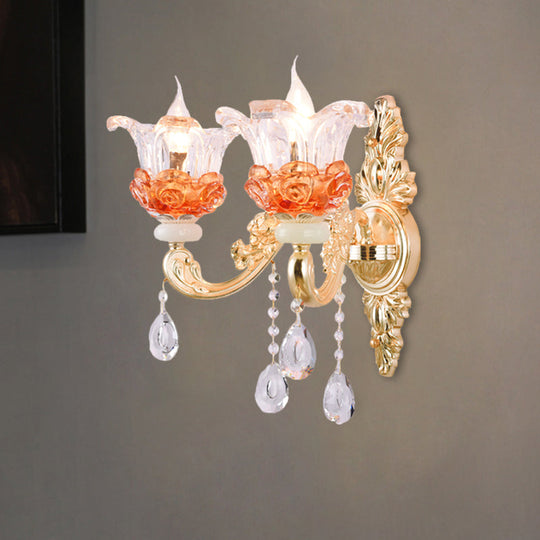 Modern Gold Wall Mount Lamp With Clear Crystal 1/2-Light Blossom Design For Staircase
