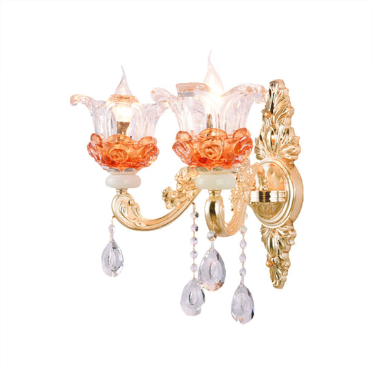 Modern Gold Wall Mount Lamp With Clear Crystal 1/2-Light Blossom Design For Staircase