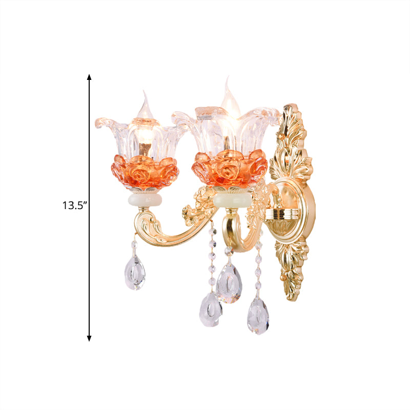Modern Gold Wall Mount Lamp With Clear Crystal 1/2-Light Blossom Design For Staircase