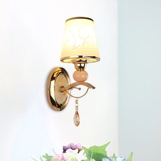 Contemporary Wall Lamp With Crystal Droplet - Amber Glass And Gold Finish