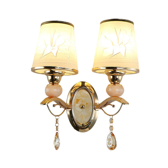 Contemporary Wall Lamp With Crystal Droplet - Amber Glass And Gold Finish