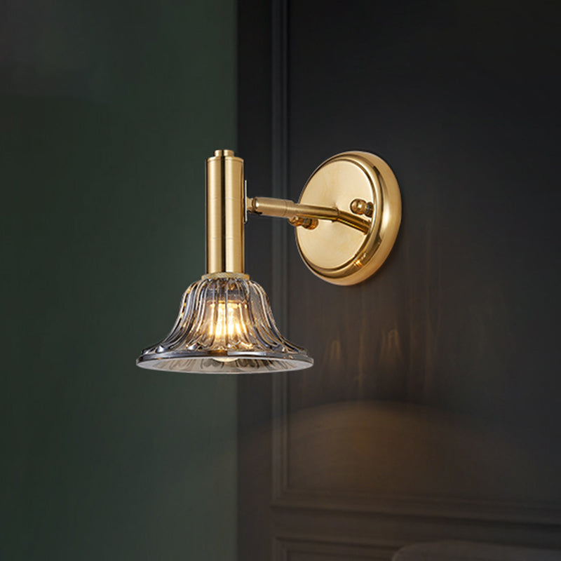 Contemporary Flared Wall Mount Gold Lamp With Clear Crystal Glass - Bedside Light