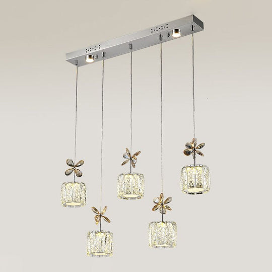 Chrome Led Multi Light Pendant With Faceted Crystal And Modern Cylinder Design For Dining Room -