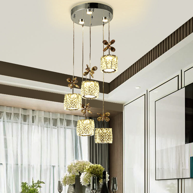 Chrome Led Multi Light Pendant With Faceted Crystal And Modern Cylinder Design For Dining Room -