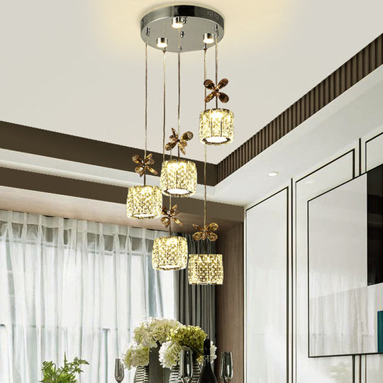 Stylish Crystal Hanging Lamp With Led Multi Light Pendant For Dining Room - Modern Cylinder Design