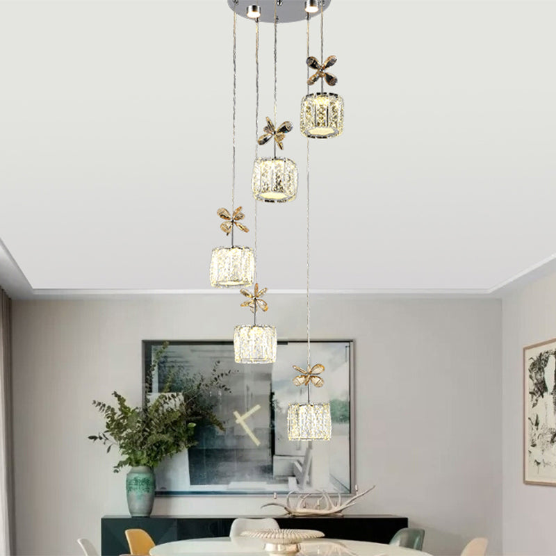 Stylish Crystal Hanging Lamp With Led Multi Light Pendant For Dining Room - Modern Cylinder Design