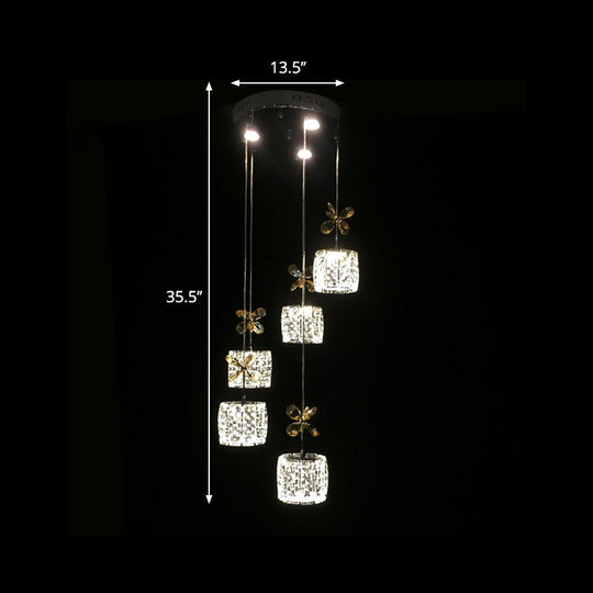 Chrome Led Multi Light Pendant With Faceted Crystal And Modern Cylinder Design For Dining Room -