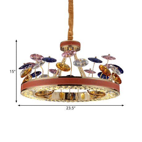Macaron Crystal Bedroom Chandelier Pendant Light - Red Hoop Led Hanging Lamp With Colorful Mushroom