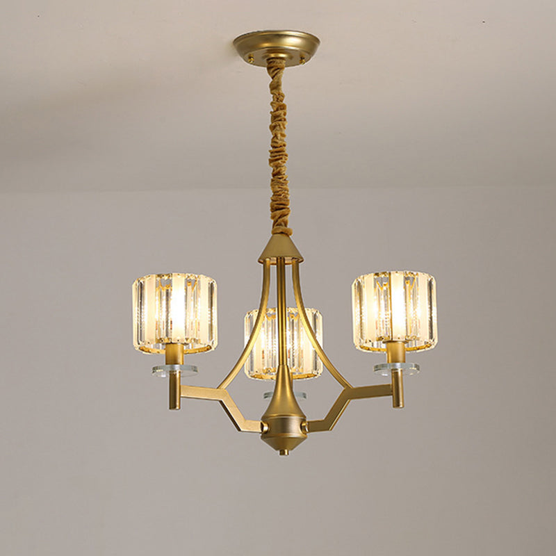 Gold Prismatic Crystal Cylinder Chandelier Lamp With 3/6 Bulbs - Postmodern Hanging Light