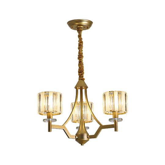 Gold Prismatic Crystal Cylinder Chandelier Lamp With 3/6 Bulbs - Postmodern Hanging Light