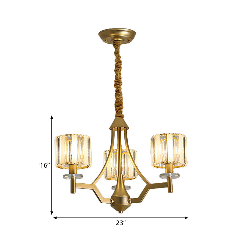 Gold Prismatic Crystal Cylinder Chandelier Lamp With 3/6 Bulbs - Postmodern Hanging Light