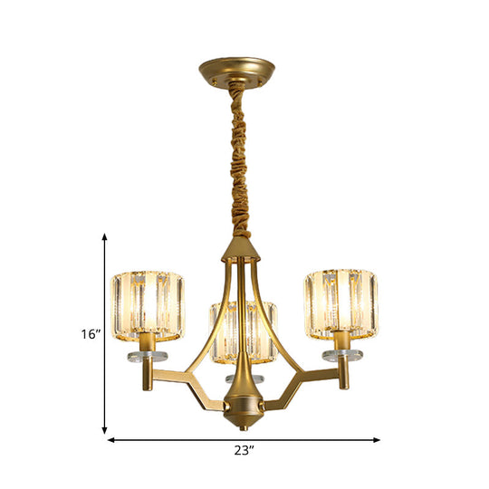 Gold Prismatic Crystal Cylinder Chandelier Lamp With 3/6 Bulbs - Postmodern Hanging Light
