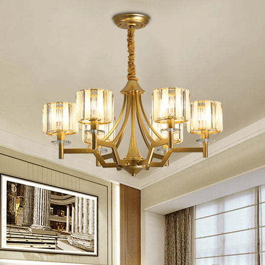 Gold Prismatic Crystal Cylinder Chandelier Lamp With 3/6 Bulbs - Postmodern Hanging Light 6 /