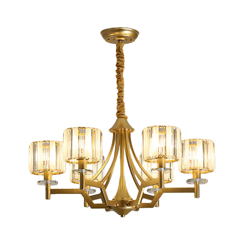 Gold Prismatic Crystal Cylinder Chandelier Lamp With 3/6 Bulbs - Postmodern Hanging Light