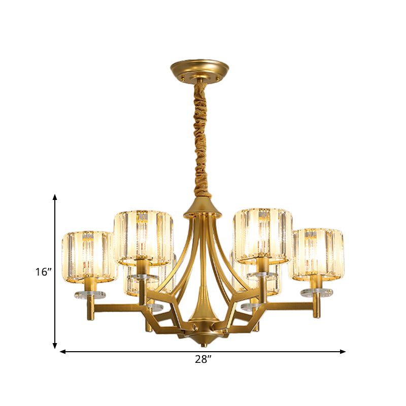 Gold Prismatic Crystal Cylinder Chandelier Lamp With 3/6 Bulbs - Postmodern Hanging Light
