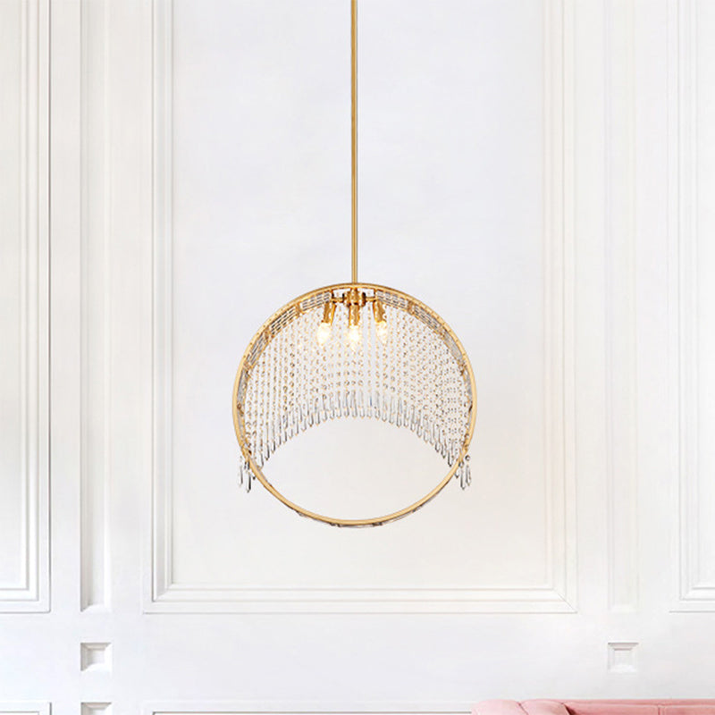Modern Circle Drop Pendant Iron Chandelier - Gold With Crystal Drapes