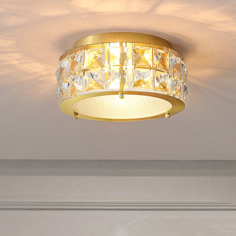 Postmodern Crystal Ceiling Light With Beveled Brass Finish - 2-Light Bedroom Flush Mount