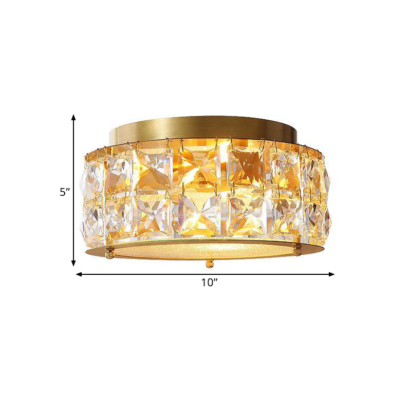 Postmodern Crystal Ceiling Light With Beveled Brass Finish - 2-Light Bedroom Flush Mount