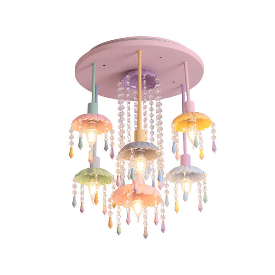 Macaron Beaded Crystal 7 - Light Pink Semi Flush Mount Ceiling Light For Girls’ Bedroom